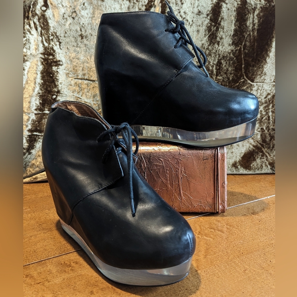 Jeffrey Campbell Y2K clear sole platform wedge heel boots